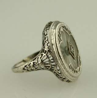 14K white gold filagree setting, rock crystal & diamond Art Deco ring