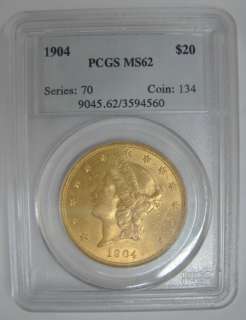 1904 US Liberty $20 Dollar Double Eagle Gold Coin PCGS MS62 UNC 
