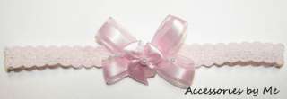 Boutique~Fancy Lt. Pink Sheer Satin Bow~Babys 1st Infant Lace 