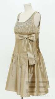 Shani Gold Silk Embroidered Mesh Overlay Pin Tucked Sleeveless Dress 