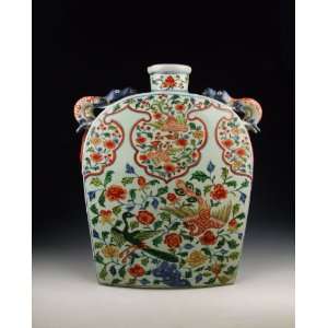  Porcelain Square Flat Vase With Phoenix Pattern, Chinese Antique 