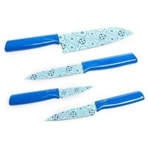   Blue Paisley Patterned Knife Set with Display Stand 