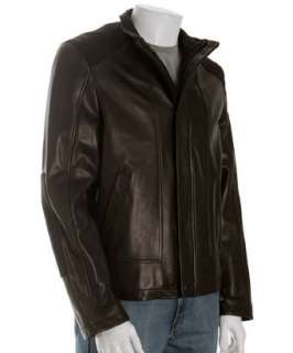 Cole Haan espresso leather wool detail motorcycle jacket   up 