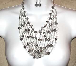 Multi Strand Silver Gray Clear Bead Bib Necklace Set  