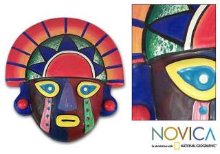 RISING SUN CROWN Colorful Peruvian Clay MASK ART Sculpture, Carvings 