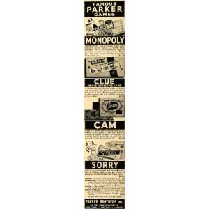  1949 Ad Parker Brothers Games Monopoly Clue Cam Sorry 