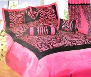 QUEEN size Pink & Black Flocked Silk Zebra 11 piece Comforter & Sheet 