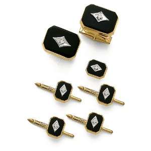  Solid 14K Gold Onyx w/Diamond Inlay Cufflinks, Tie Tac and 