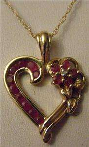 10K Yellow Gold RUBY DIAMOND Heart Pendant 18 Necklace  