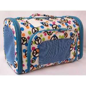   Luggage Style Pet Carrier   Blue and Multi Colored Peace Signs   Small