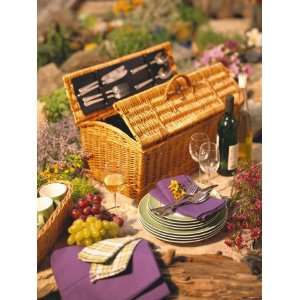 Still Life with Picnic Basket, Crockery, Glasses and Wine Photographic 