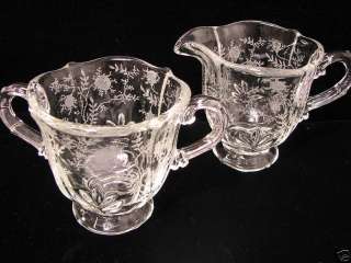 Fostoria Chintz Rose Crystal Cream and Sugar Servers  