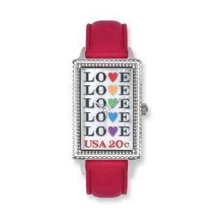  Postage Stamp Love Repeat Red Leather Band Watch Jewelry