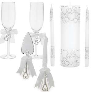 Silver Hearts Unity Candle, Toasting Glasses, Cake Server Set, Place 