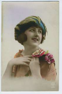 smiling Feathers Hat LADY glamour photo postcard 1920s  