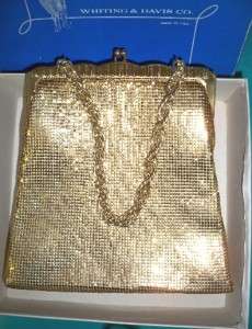 VINTAGE WHITING & DAVIS GOLD MESH EVENING BAG PURSE Chain Handle in 