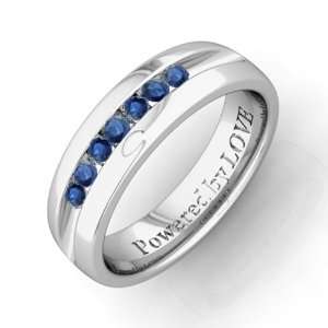 Engraved Mens 7 Stone Natural Sapphire Wedding Band Comfort Fit in 