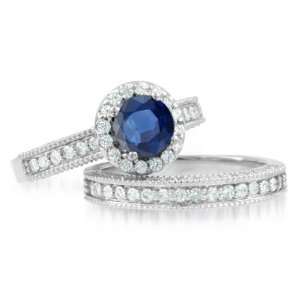 Sapphire Diamond Engagement Wedding Ring Bridal Set Platinum Halo Ring 