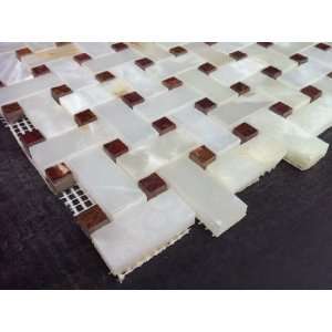  White Onyx Basketweave Mosaic Tile with Red Onyx Dot